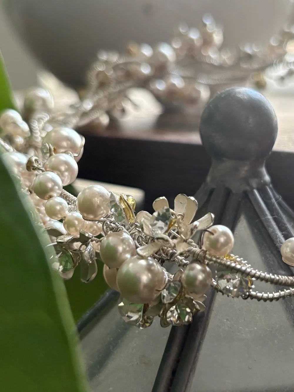 Pearl & Crystal Floral Moldable Bridal Hair Piece Silver Metal